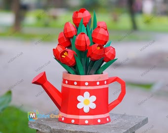 Tulip Watering Can Papercraft SVG Template – Low Poly 3D Paper Flower DIY Gift for Cricut Mother’s Day