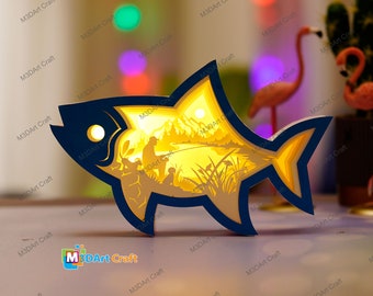 Fichiers de coupe SVG pêche - poisson lanterne Shadow Box Pdf, caisson lumineux Svg pour projets Cricut, ScanNcut - cadeau bricolage pêcheur, fichier camée silhouette