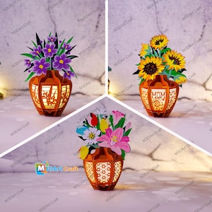 Paquete de 3 linternas para jarrones con flores SVG, PDF, plantilla de estudio: linterna para jarrones con flores de margarita, girasoles y tulipanes para hacer tú mismo como regalo para el Día de la Madre