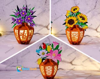 Paket med 3 blomvaslykta SVG, PDF, Studiomall - DIY-prästkrageblomma, solrosblomma, tulpanblomvaslykta för mors dag-presenter