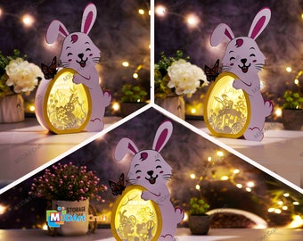 Pack 3 Easter Bunny Hug Egg Lantern Shadow Box PDF, SVG for Cricut Projects, ScanNcut - DIY Egg Lightbox, Paper Cut Template For Easter