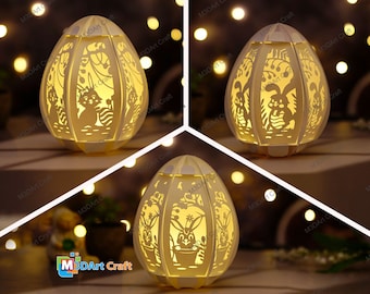 Pack 3 Bunny Easter Egg Lantern SVG, PDF, Studio Template for DIY Easter Egg Paper Lantern - 3D Egg Shadow Box, Easter Paper Cut Light box