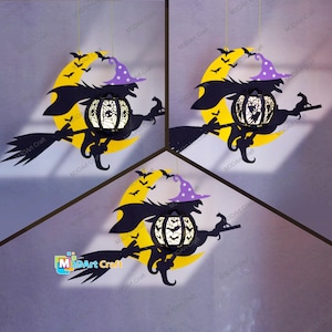 Set 3 Witch Lanterns SVG Templates Halloween Paper Cut Lamps - Paper Cutting DIY Halloween Decorations - Paper Lantern Witch Svg