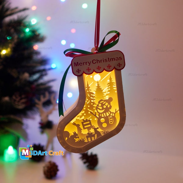 Snowman In Socks Lanterns Hanging Shadow box SVG, PDF Template - Sock Shadow Box - Paper Cut Christmas Ornaments - Paper Lantern 3D Layered