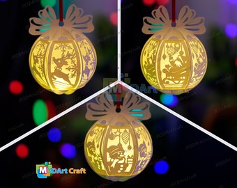 May include: Three paper Christmas ornaments with intricate cut-out designs. The ornaments are illuminated from within, creating a warm glow. The designs feature a reindeer, a snowman, and a sleigh with presents.