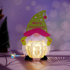 Christmas Gnome Lantern SVG, Studio, PDF Template - DIY Gnome Paper Lantern for Christmas Decoration - Gnome Shadow Box, Lightbox Svg