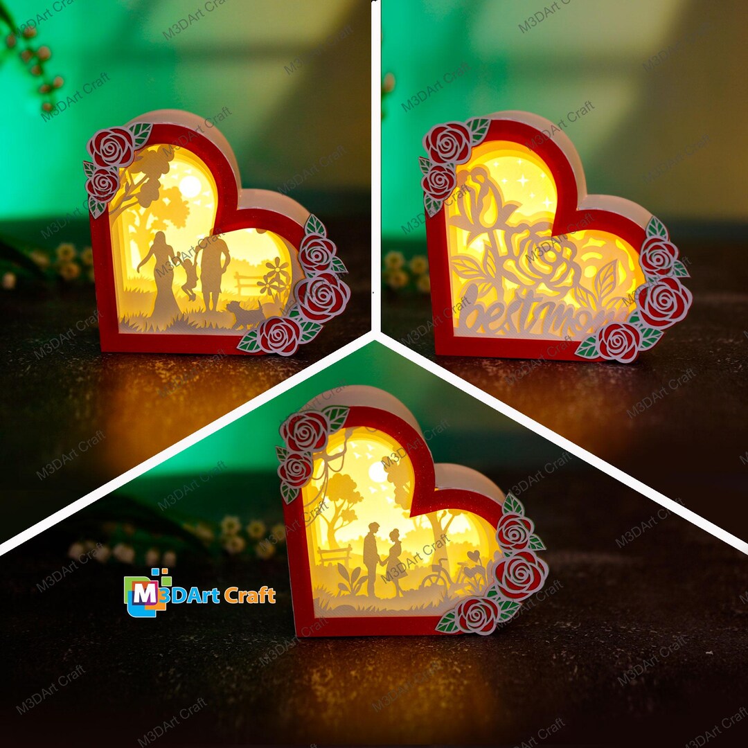 Pack 3 Flower Heart Shadow Box SVG for Cricut Projects - Diy Lightbbox ...