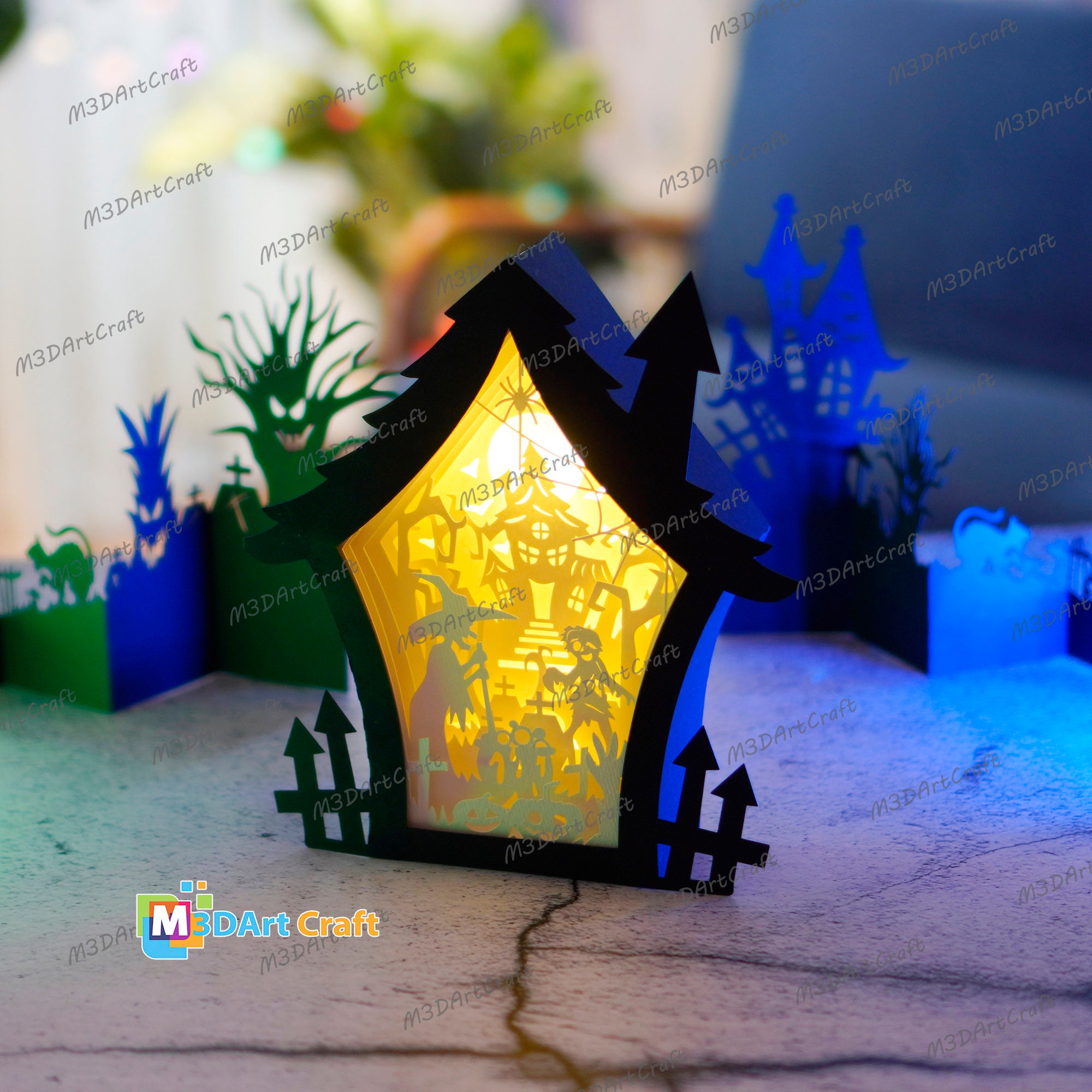 Witch & Zombie Haunted House Shadow Box Halloween SVG Light Box for ...