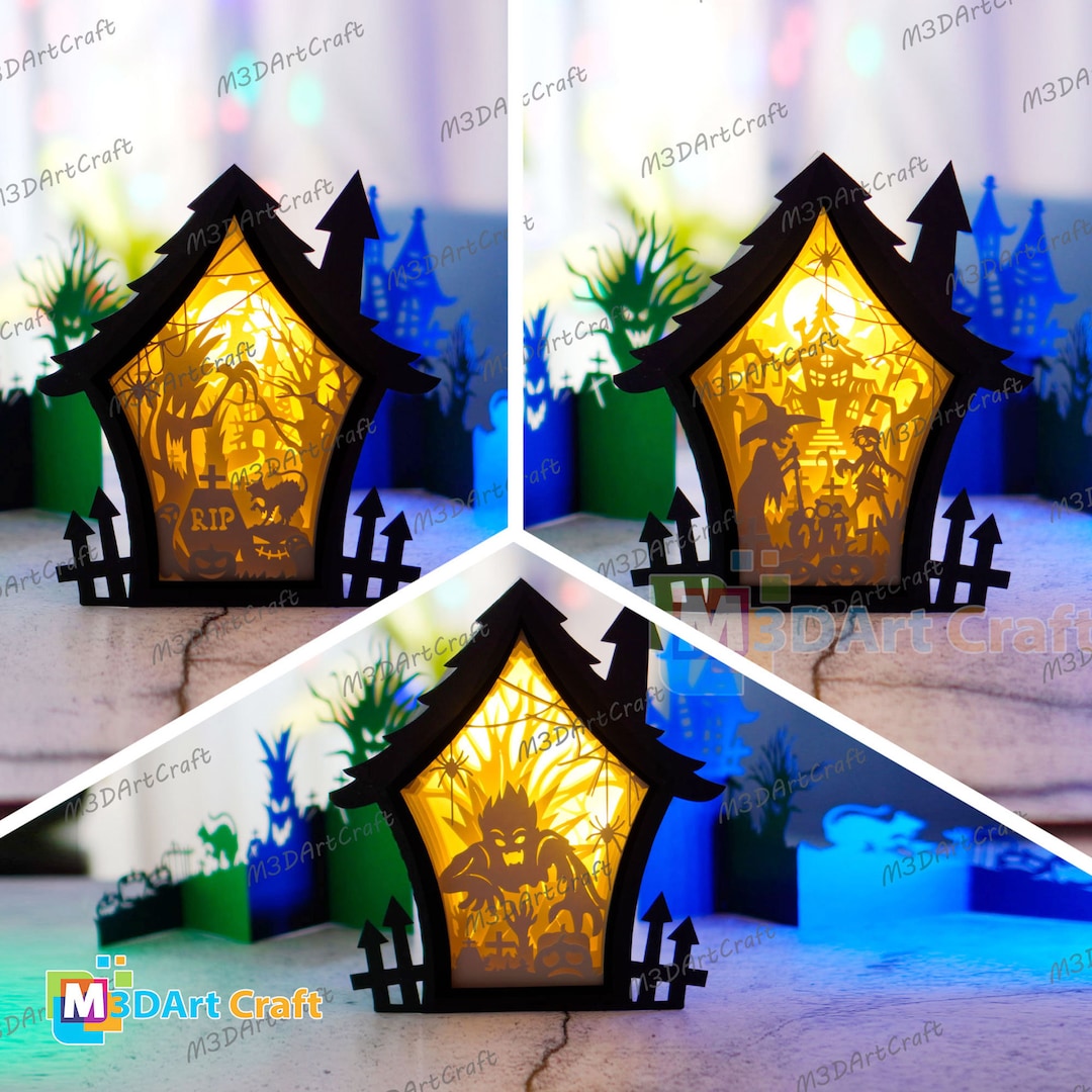 Pack 3 Halloween House Lanterns Shadow Box SVG for Cricut Projects Diy ...