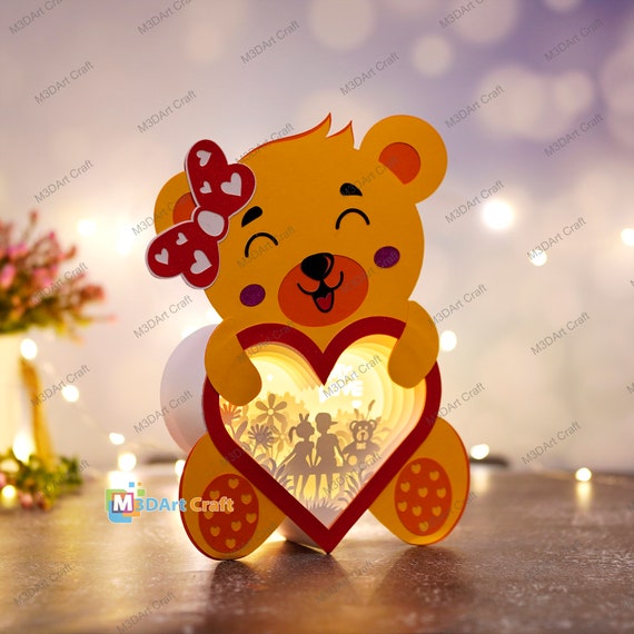 Sitting Couple With Bear Heart Lanterns Shadow Box SVG Template