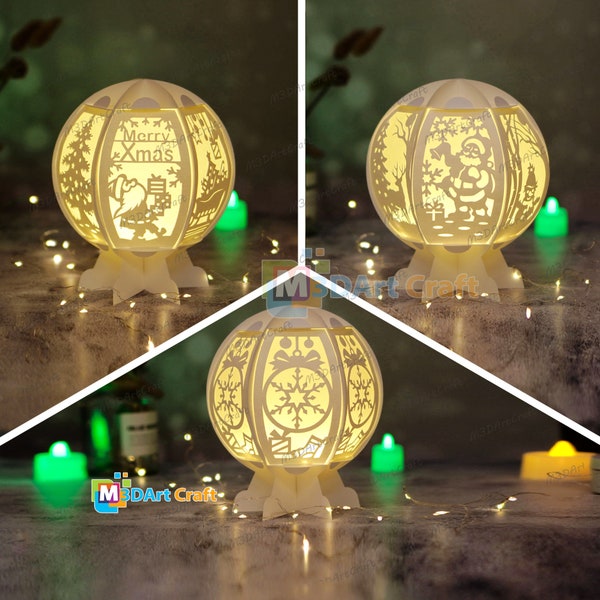 Pack 3 Boule de neige de Noël Lanterne SVG pour les projets Cricut, CanNcut, Silhouette - Lampe DIY Décoration de Noël Bougie Photophore