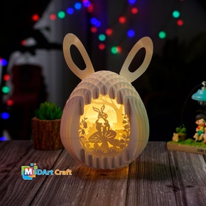 PDF, SVG, modèle Studio lapin tenant un oeuf dans des oeufs de lapin de Pâques pop up, créations en papier de Pâques, SVG pour Cricut Projects bricolage Pâques Shadow Box