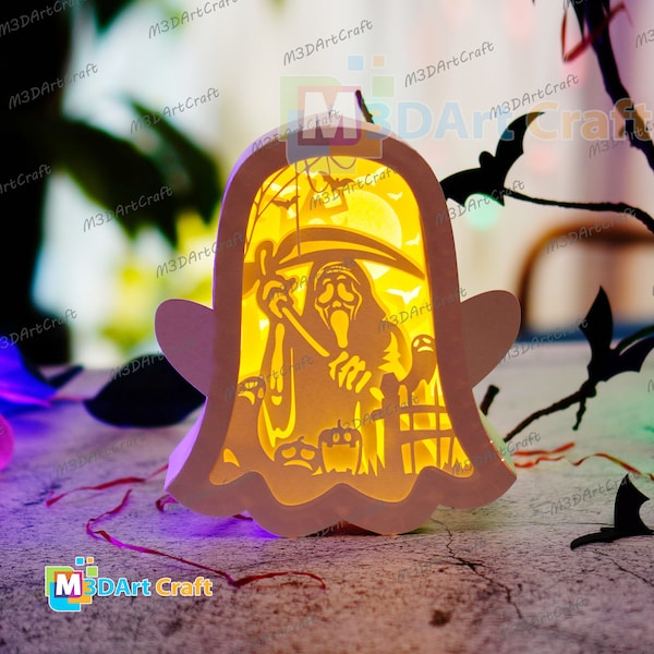 Death in Ghost Lanterns Shadow Box SVG for Cricut Projects Diy Halloween Crafts, Paper Cut Template - Ghost Lamp Decor Halloween Lightbox
