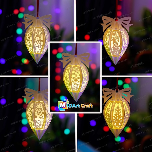Paquete 5 bolas de Navidad SVG linterna de papel colgante para decoraciones de árboles de Navidad - adornos de Navidad DIY, luces de Navidad colgantes, bola V2