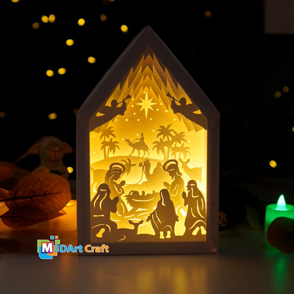 Krippe Weihnachtslaternen SVG Light Box - 3D Weihnachtsschattenbox, Weihnachtsdekorationen Handwerk, Papierschnittvorlage, Papierkastenrahmen svg