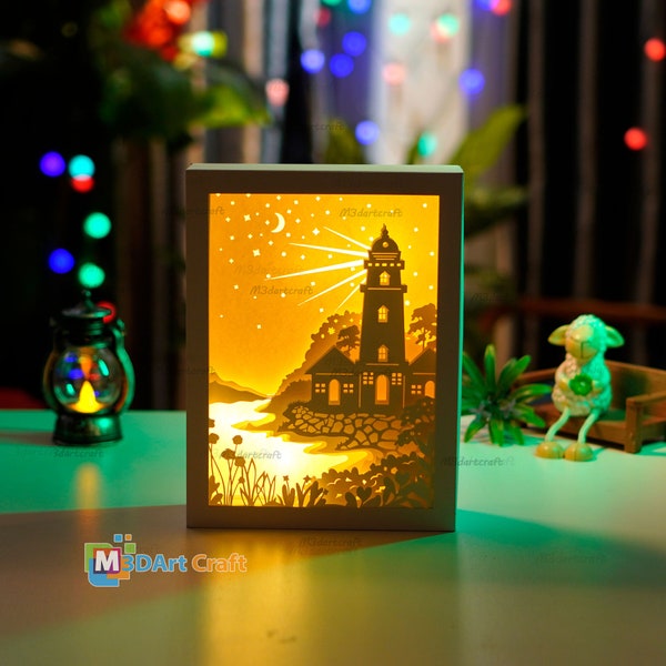 Lighthouse Shadow Box - LighthouseLightbox SVG for Cricut Projects, Paper Cut Shadow Box, Rectangle Shadow Box frame, 3D layered paper art