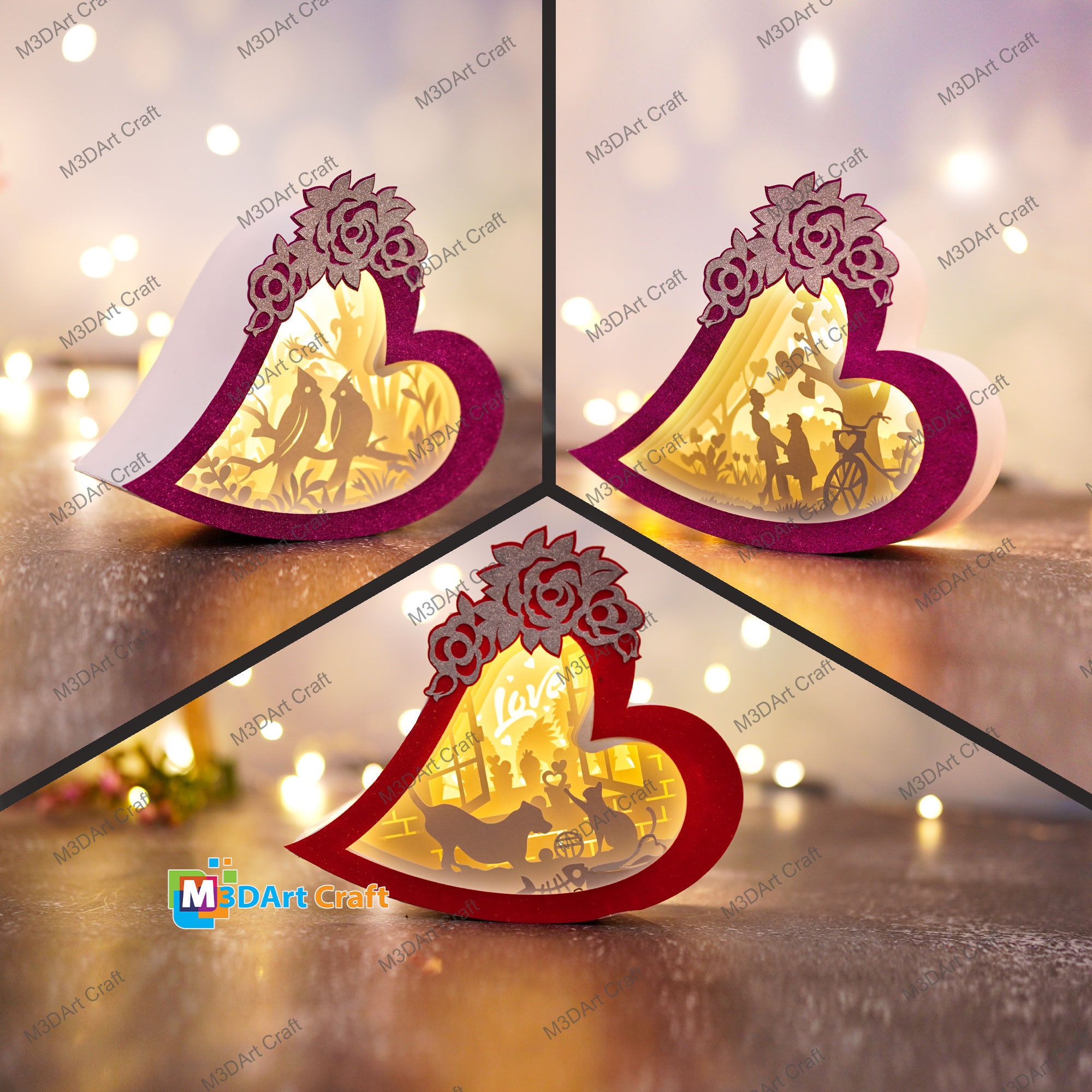 Pack 3 Cute Heart Lanterns Shadow Box SVG for Cricut Projects Diy ...