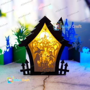 Witch & Zombie Haunted House Shadow Box Halloween SVG Light Box pour les projets Cricut - DIY Paper Lanterns Halloween Decor, Paper Cut Template