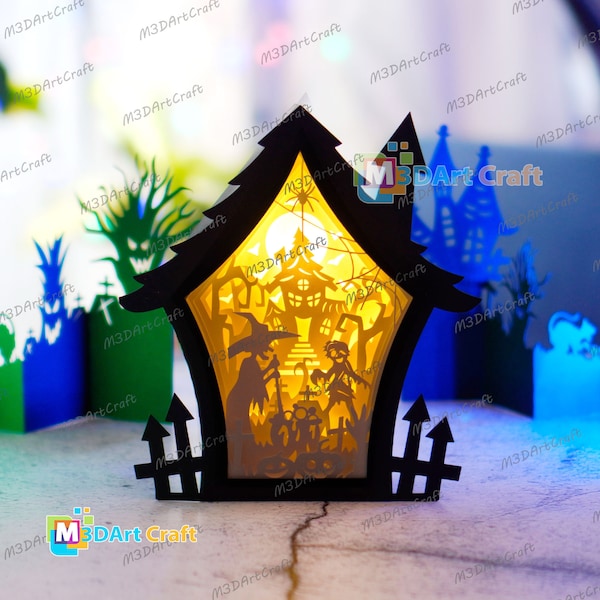 Witch & Zombie Haunted House Shadow Box Halloween SVG Light Box for Cricut Projects - DIY Paper Lanterns Halloween Decor, Paper Cut Template