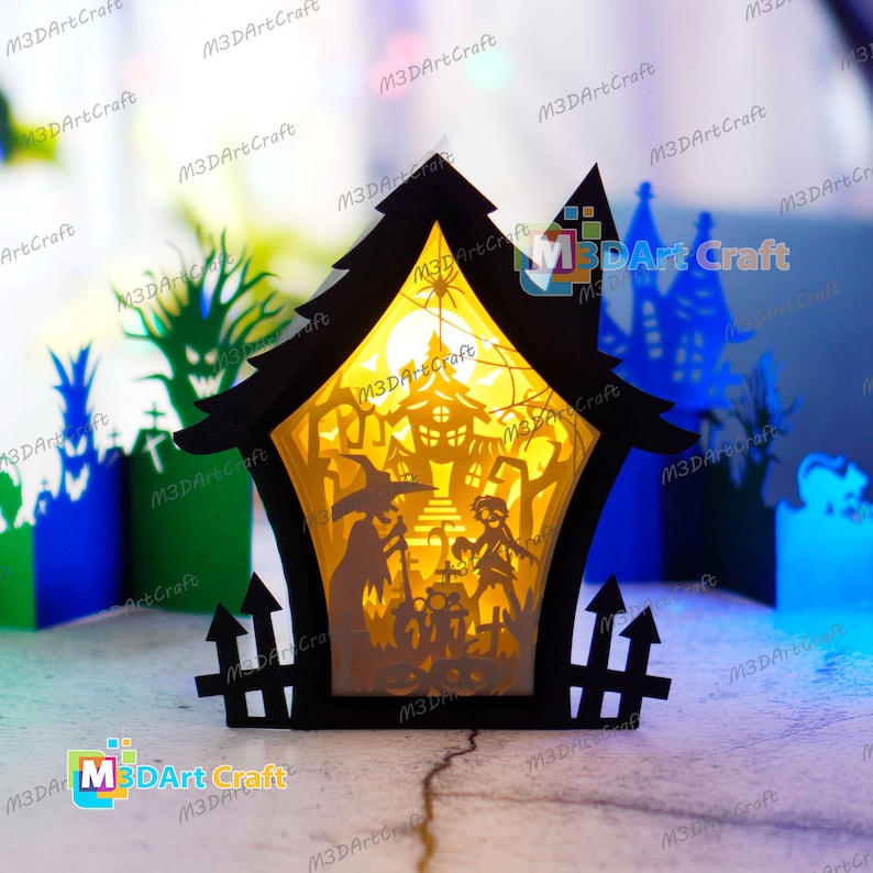 Witch & Zombie Haunted House Shadow Box Halloween SVG Light Box for ...