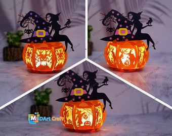 Set 3 Witch Pumpkin Lantern PDF, SVG Templates for Cricut Project - Paper Cutting DIY Lantern Halloween Decorations, Paper Lantern svg file