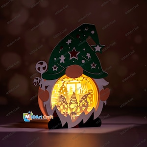 Gnome Scene in Gnome Lantern Shadow Box SVG Light Box for Cricut Projects, ScanNcut, DIY Gnome Lightbox, Paper Cut Template For Christmas