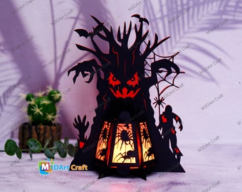 PDF, SVG Templates for creating Spooky Tree Lantern - DIY Spooky Tree Lantern Halloween Decoration - Paper Lantern Paper Cut Shadowbox svg