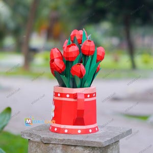 Tulip Watering Can Papercraft SVG Template – Low Poly 3D Paper Flower ...
