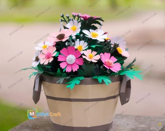 Daisy Flower Bucket Papercraft SVG Template – Low Poly 3D Paper Flower DIY Mother’s Day Gift for Cricut