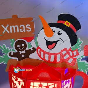Puede incluir: Una linterna de papel artesanal de Navidad roja y blanca con un mu&ntilde;eco de nieve, un hombre de jengibre y un cartel que dice "Xmas".