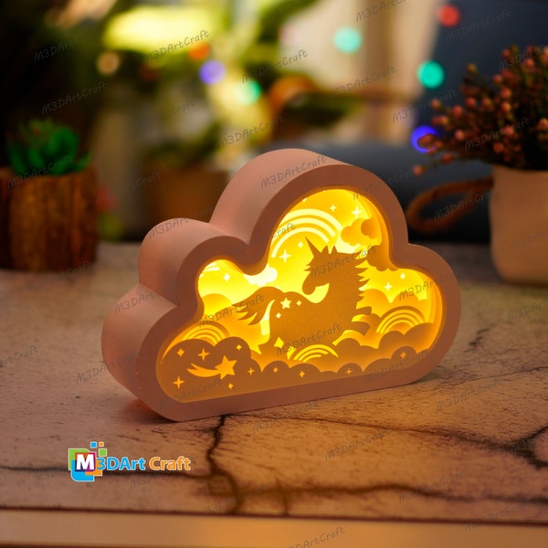 Cute Unicorn Cloud Lanterns Shadow Box SVG for Cricut Projects, ScanNcut, Cameo4, Paper Cut Template - DIY Lamp Decoration, 3D cloud svg