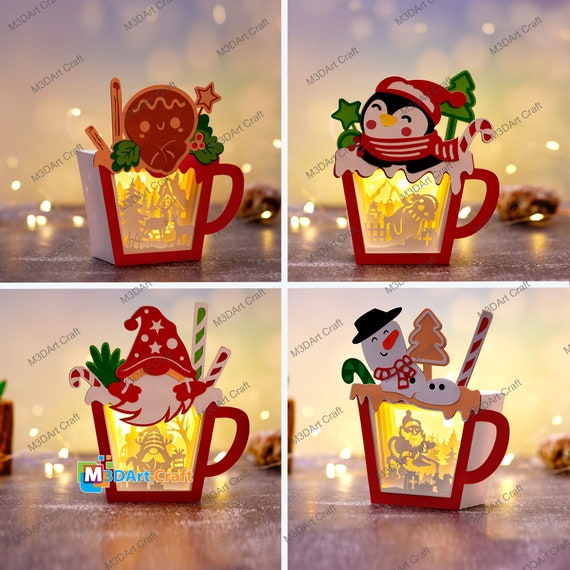 Pack 4 Hot Cocoa Lantern Shadow Box SVG, PDF, Silhouette Template - DIY Christmas Hot Cocoa Lantern Gnome, Penguin, Snowman, Gingerbread