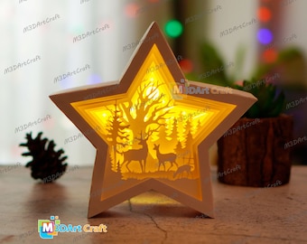Deer in Christmas Star Lantern Shadow Box SVG for Cricut Proroject, ScanNcut, Cameo4.. Paper Cut Template For Christmas Star Lightbox