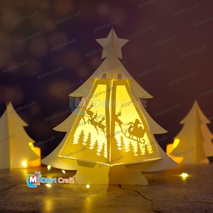 Santa riding reindeer sleigh Christmas Tree Lantern SVG for Cricut Projects, ScanNcut, Cameo4 - Paper Cut Template For DIY Christmas Lantern