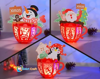 Christmas Hot Cocoa Lantern Templates, Snowman, Santa, Penguin (PDF, SVG, Studio)