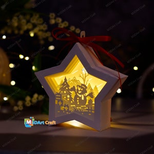 Merry Christmas Snowman In Hanging Star Lantern Shadow Box SVG Template - Paper Cut Template For Christmas Decorations - DIY Lightbox svg