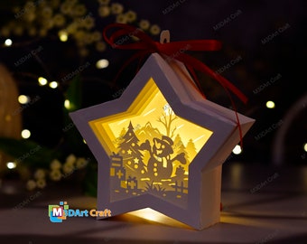 Merry Christmas Snowman In Hanging Star Lantern Shadow Box SVG Template - Paper Cut Template For Christmas Decorations - DIY Lightbox svg