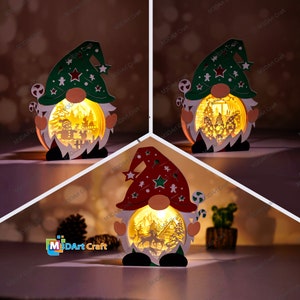 Pack 3 Christmas Gnome Lantern Shadow Box SVG Light Box for Cricut Projects, ScanNcut - DIY Gnome Lightbox, Paper Cut Template For Christmas