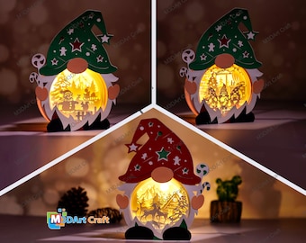 Pack 3 Weihnachts Wichtel Laterne Schatten Box SVG Light Box für Cricut Projekte, ScanNcut - DIY Gnome Lightbox, Papierschnitt Vorlage für Weihnachten