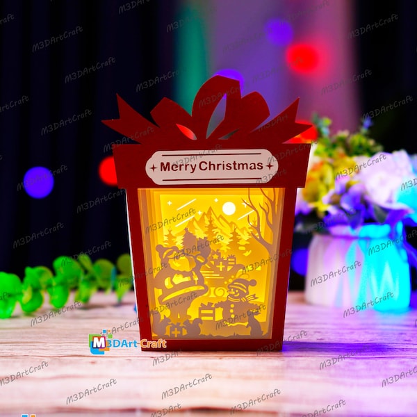 Santa and Snowman in Christmas Gift Box Lanterns Shadow Box SVG Templates - DIY Christmas Box Lighbox - 3D Layered Paper Cut For Christmas