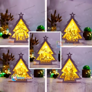 Paquete 5 Caja de sombra de árbol de Navidad, plantilla SVG de linterna de papel, caja de luz de corte de papel de Navidad, artesanía de papel de Navidad en capas 3D, lámpara de corte de papel de bricolaje