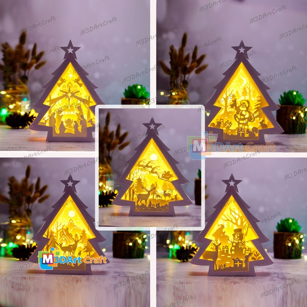 Pack 5 Christmas Tree Shadow Box, Paper Lantern SVG Template , X-mas Papercut Lightbox, 3D Layered Christmas Papercraft, DIY Paper Cut Lamp