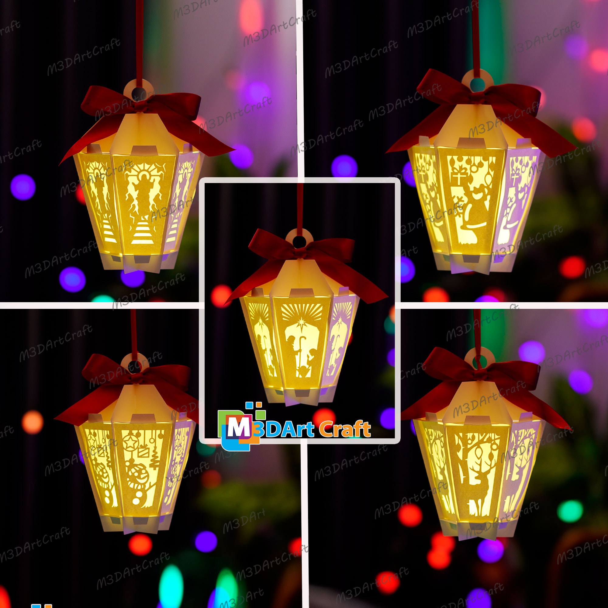 Pack 5 Christmas Hexagona Lantern Hanging SVG Template For Christmas Tree Decorations - DIY Christmas Ornaments - Christmas Paper Cut