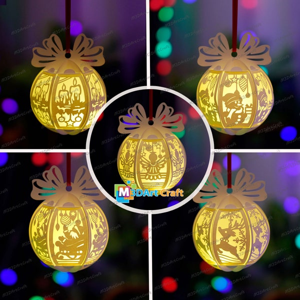 Pack 5 Weihnachtskugeln SVG Papierlaterne hängen für Weihnachtsbaumschmuck - DIY Weihnachtsschmuck - Weihnachtskugel hängen Scherenschnitt