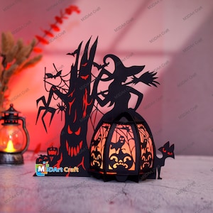 Arbre d'Halloween lanterne de sorcière modèles SVG pour projet Cricut, ScanNcut, camée - décorations de lanterne de sorcière d'Halloween bricolage