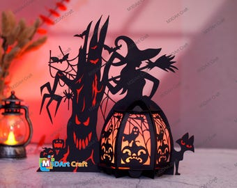Halloween Tree Witch Lantern SVG Templates for Cricut Project, ScanNcut, Cameo - Paper Cutting DIY Halloween Witch Lantern Decorations