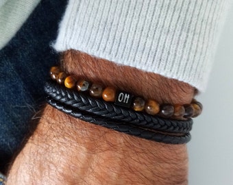 Men's leather and natural stone bracelet with steel cube, personalized engraving, engraved bracelet, steel and stone bracelet.