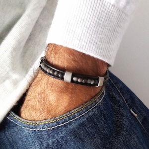 Bracelet Homme Cuir Noir Et Acier Inoxydable - Fermoir Magnétique - Tailles 19/21/23 Cm