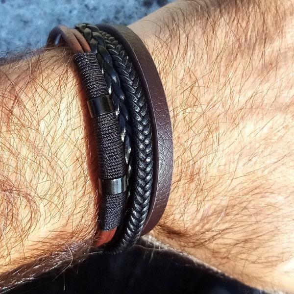 bracelet homme cuir tressé, gravure personnalisée, coulissants en acier | bracelet cuir marron | bracelet cadeau pour homme, nohogi .