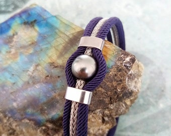 bracelet pour homme, bracelet perle de tahiti ,gravure personnalisé, bracelet acier et corde marinefait main.